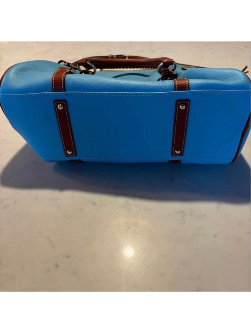 Dooney & Bourke Pebble Leather Large Satchel Sky Blue Brown Tassel Shoulder Bag - Picture 9 of 15